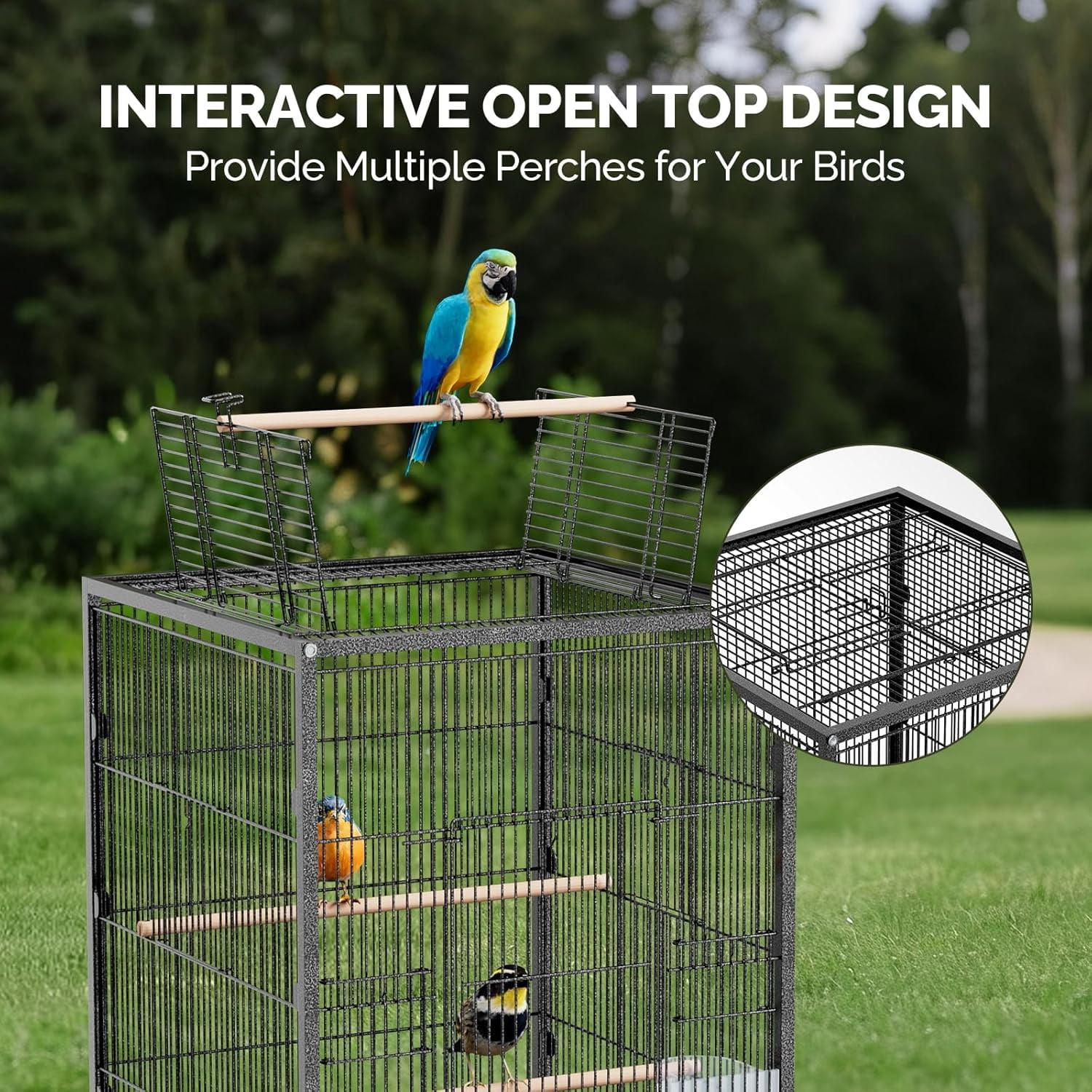 Miemie 38-inch Bird Cage with Wheels, Durable Wrought Iron Parakeet Cage with Slide Out Tray, Black Bird Cages for Parakeets/Cockatiels/Budgies and Other Small/Medium Birds (Medium-38 inch)