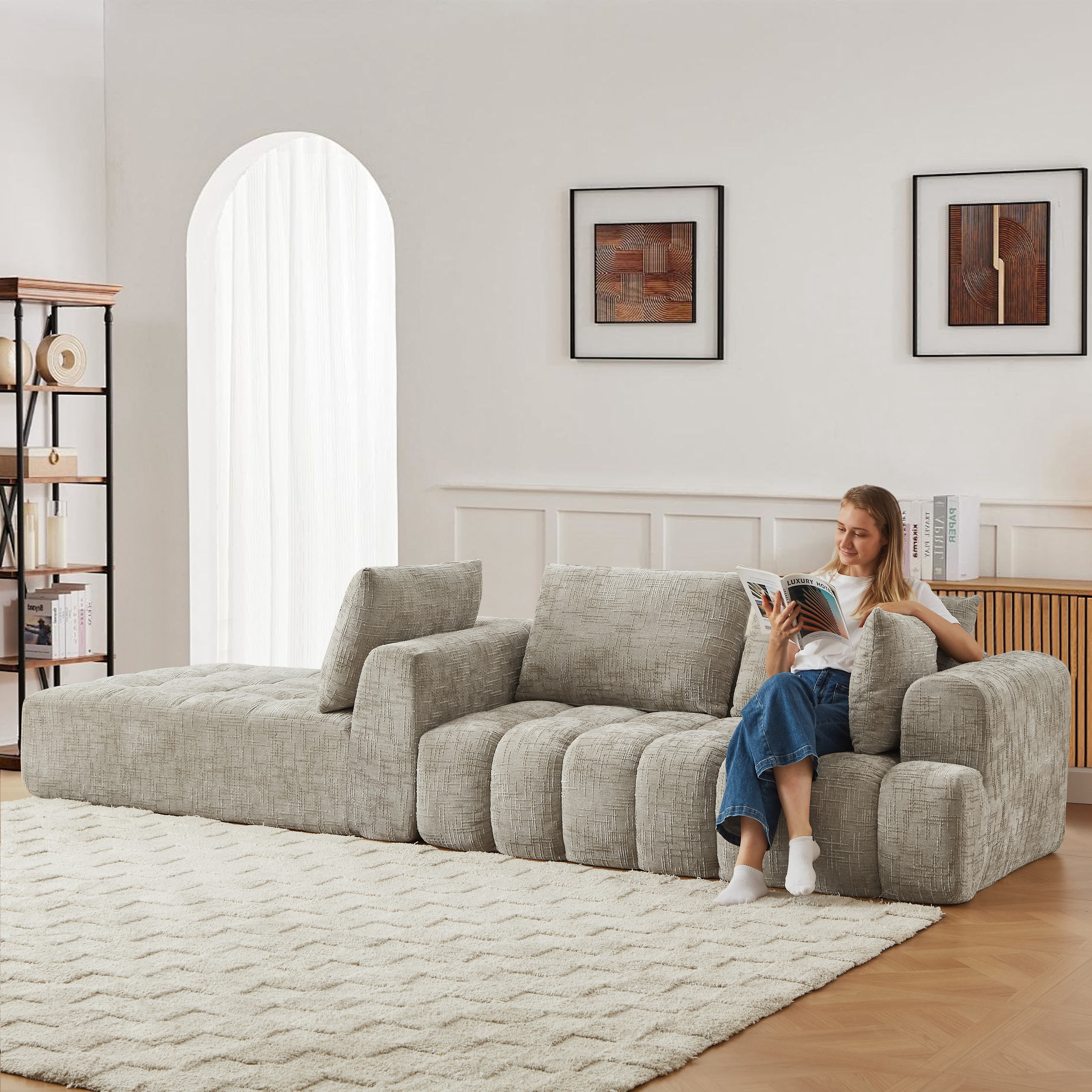 MAYEERTY 108.3" Khaki Chenille L-Shaped Modular Sectional Sofa, Pocket Spring No Assembly Couch for Living Room Apartment