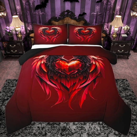 Castle Fairy Female Men Love Heart Print Bedding Comforter Set 2pcs,Happy Valentine's Day Twin Comforter Sets Microfiber,Romantic Angel Wings Breathable Bedding Set,Microfiber Bedroom Decor