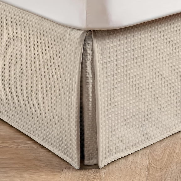 Pleated Waffle Weave Bed Skirt, Tailored Dust Ruffle 12 Inch Drop Easy Fit, Machine Washable,No Split Corners (Beige, Queen - 12" Drop)