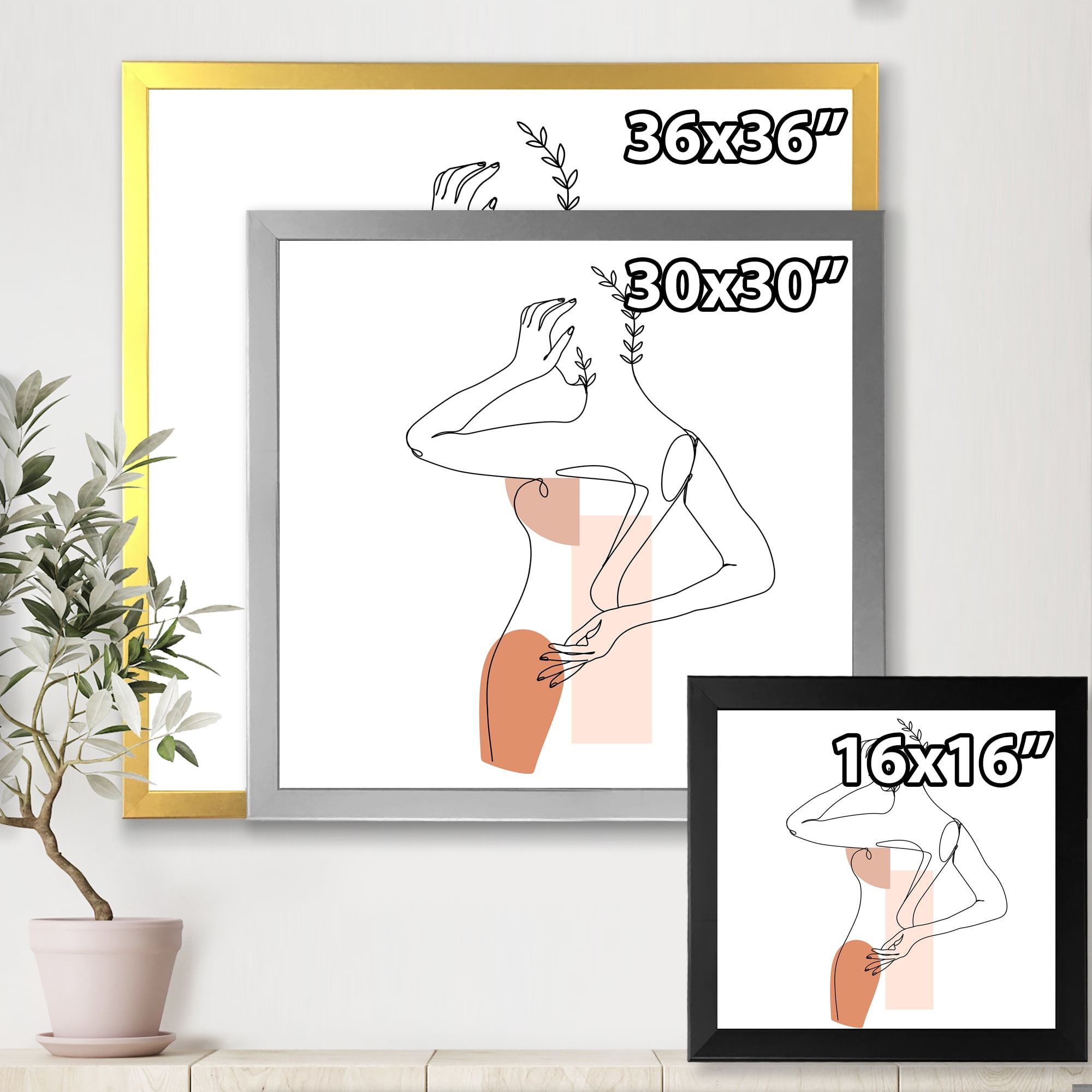 Designart 'One Line Woman Portrait With Shapes and Leaves II' Modern Framed Art Print