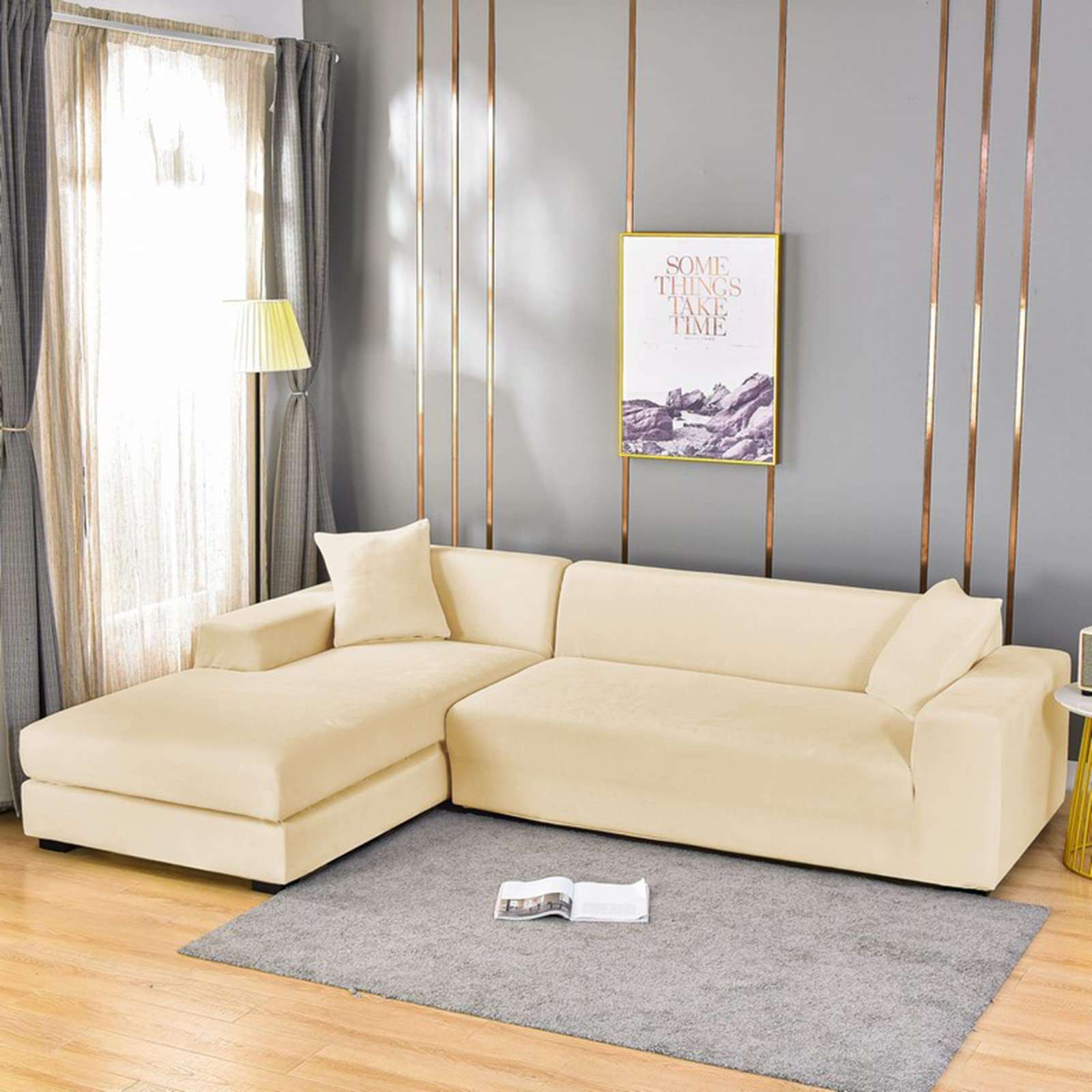 Stretch Sectional Couch Covers Velvet, L-Shaped Sofa Covers Velvet 2 Piece Soft Furniture Protector with Elastic Bottom for Dogs Cats -Light blue-4-seater + 4-Seater