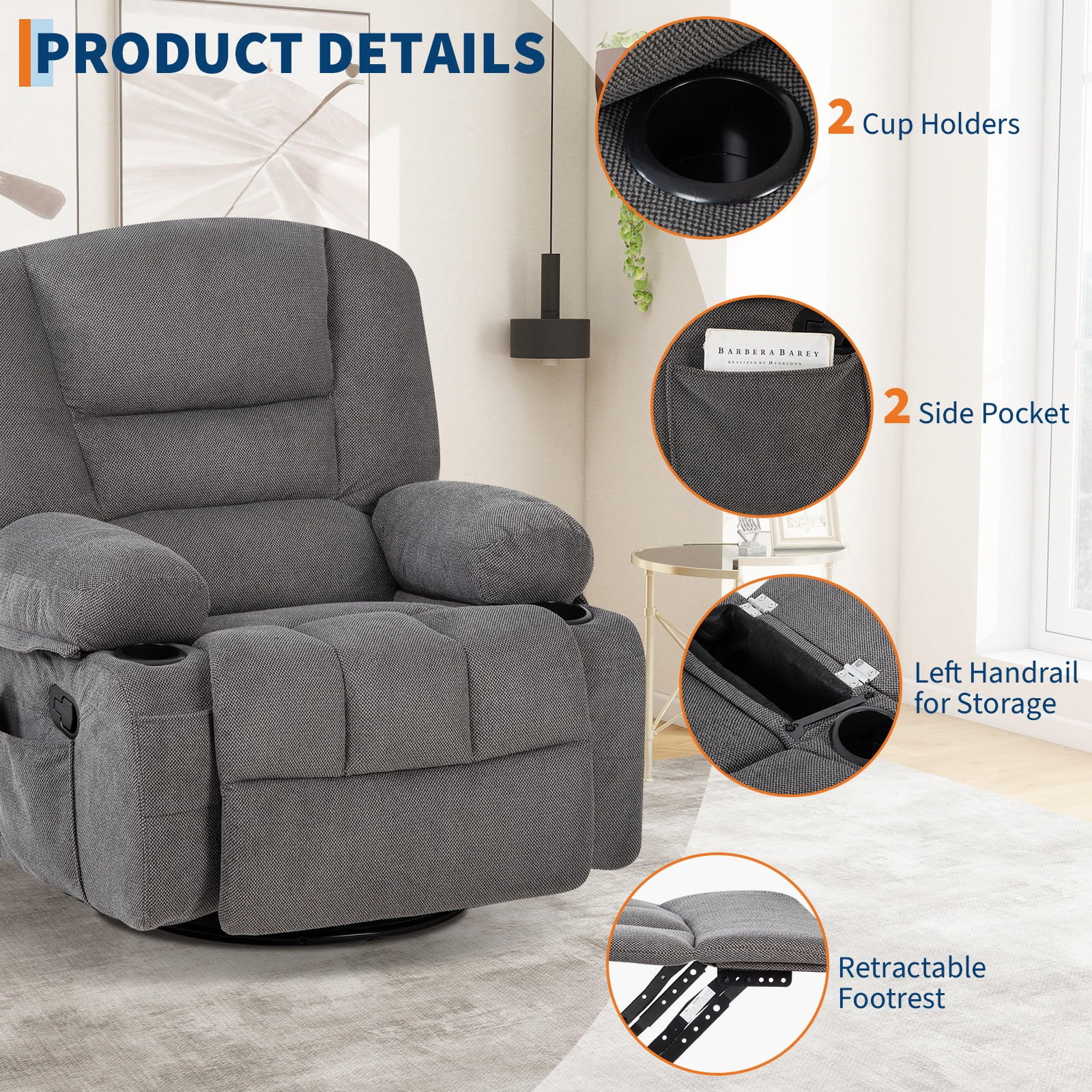 Massage Recliner Chair with Vibration & Heat - 360° Swivel Rocking Recliner, Cup Holders, Side Pockets, 350 lbs Support - Ideal for Living Room, Bedroom, Home Theater