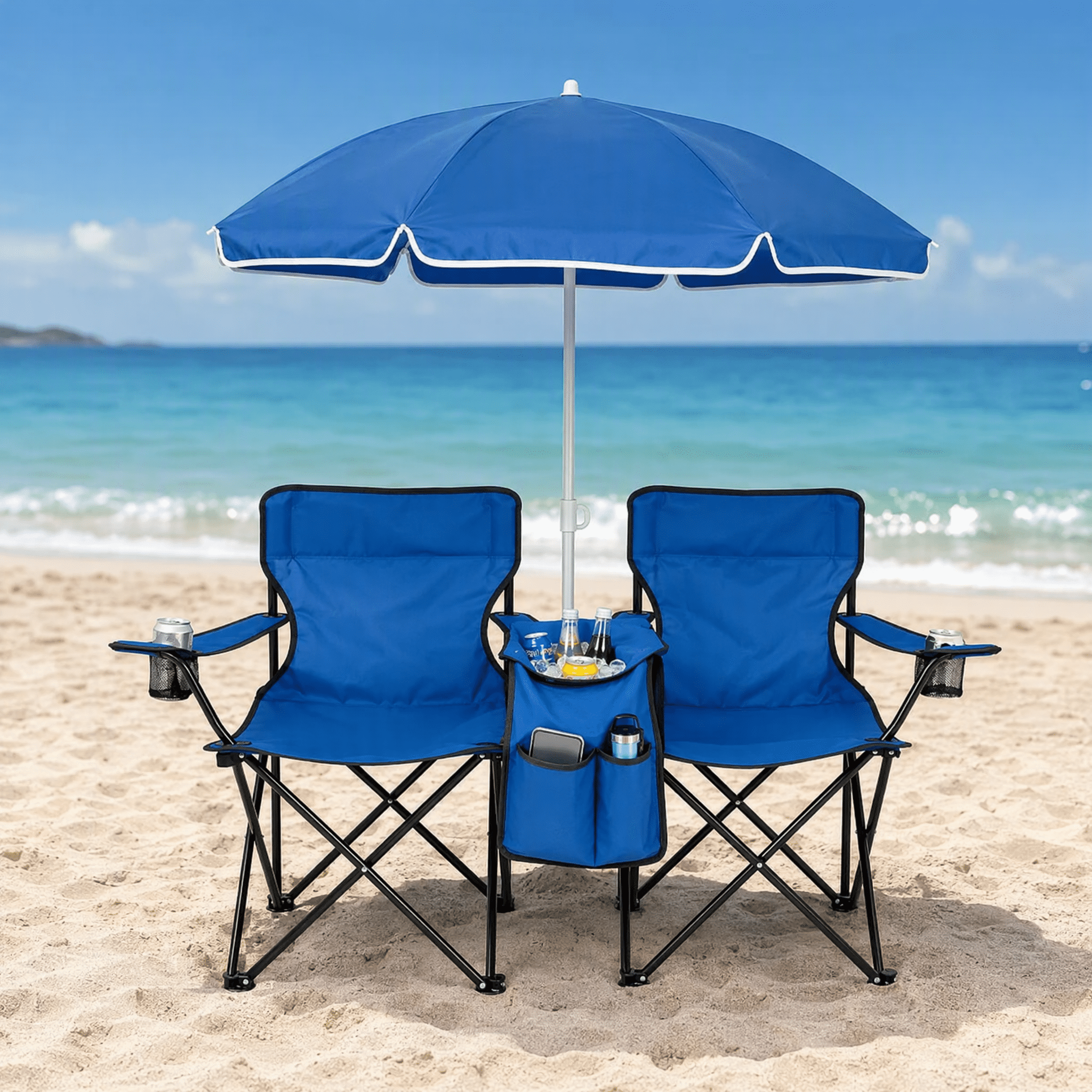 Portable Double Folding Beach Chair Set with Umbrella, 2-Person Outdoor Camping Chair with Cup Holders, Foldable Patio Chair for Picnic, Backyard, Travel, Blue