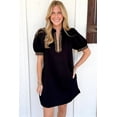 thumbnail image 2 of Women's Black Leopard Patchwork Shift Mini Dress with Puff Sleeves | XL, 2 of 5
