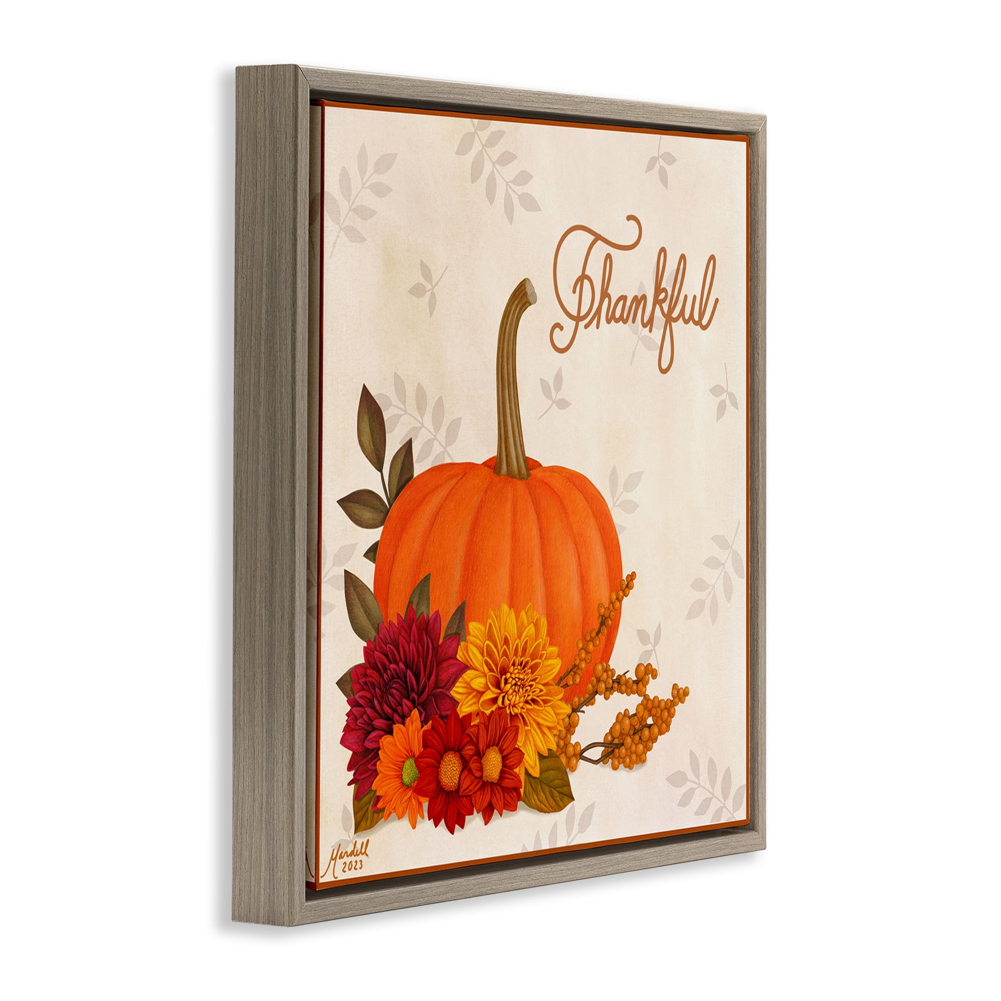 Stupell Industries Thankful Pumpkin & Florals Holiday Painting Brown Floater Framed Canvas Art Prints Wall Art, 25 x 25