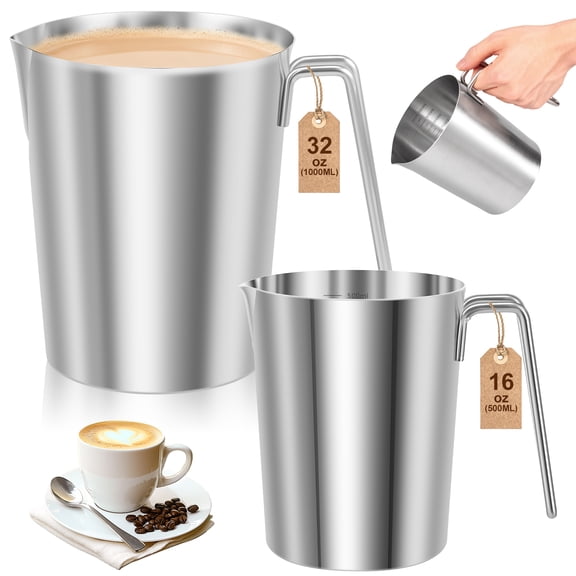 2 Pcs Stainless Steel Measuring Pitcher & Milk Frothing Pitcher Set (32 oz & 16 oz ), Food-Grade 304 Metal Liquid Measuring Cups with Handle & Measurement Lines for Espresso, Latte Art, Kitchen Cooki