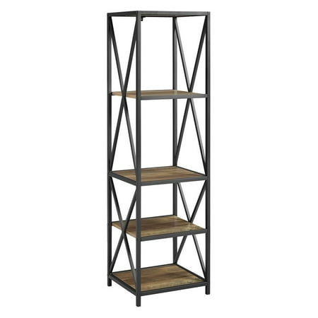 - Pemberly Row Metal X Tower with Wood Shelves -Rustic Oak