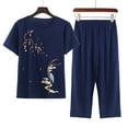 thumbnail image 2 of Lovskoo Cotton Linen Set for Women Summer Casual Solid Set Printed Short Sleeve Round Neck Top Pants Suit Thin Weared Outer Home Suit Navy, 2 of 4
