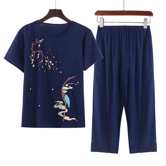 Snorda Womens Shorts Set 2 Piece Round Neck Printed Short Sleeve Tops Elastic Waist Pants Set Womens Summer Casual Lightweight Comfy Cottons Linen Loungewear Set
