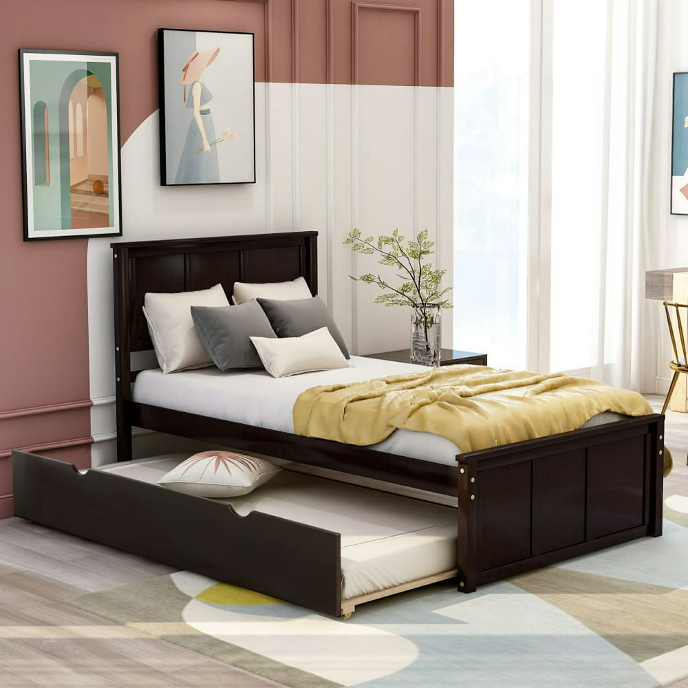 Twin Size Platform Bed With Extra Long Trundle, Solid Wood Twin Size