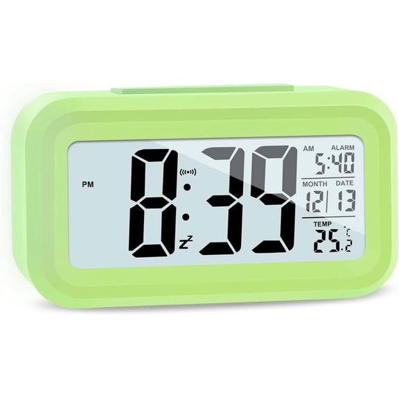 Digital Alarm Clock 4.3 Inch LED Display Battery Powered with Temperature Calendar Snooze Light Control Adjustable Brightness Portable Bedside Clock Green