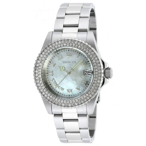Invicta Women's 19873 Angel Crystal Accented Bezel White MOP Dial Steel Bracelet Dive Watch