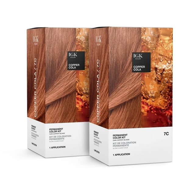 Kit de color permanente IGK (paquete de 2) COBRE COLA - Rubio cobrizo oscuro 7C | Fácil Aplicación + Fortalece + Brilla | Vegano + Libre de crueldad animal + Sin amoníaco |