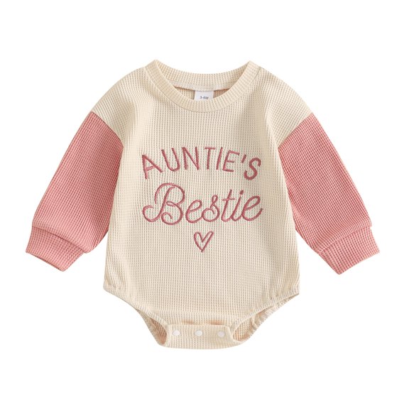 Okbabeha Baby Girl Romper Long Sleeve Letter Embroidery Waffle Bodysuit