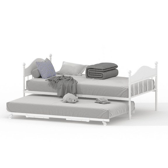 Garvee Heavy Duty Metal Twin Daybed with Pop-Up Collapsible Trundle - Steel Slats - Stylish Headboard - Adjustable Sofa Bed Frame for Bedroom, Living Room, Guest Room - White