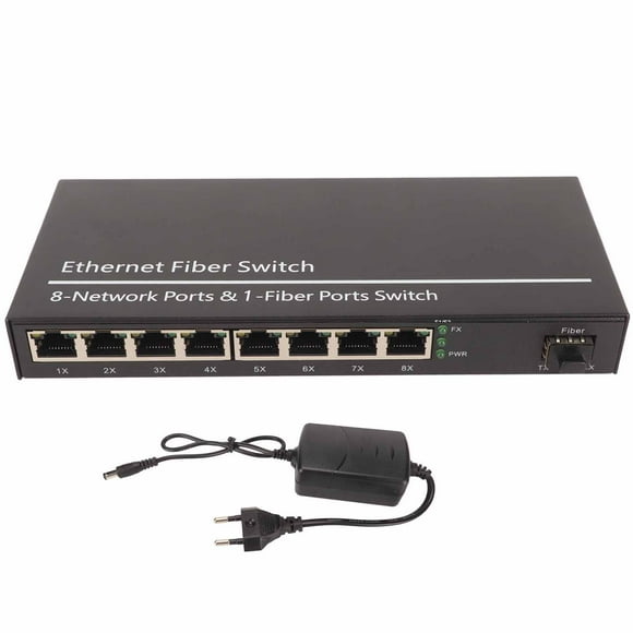 ZOUSSIQI Fiber Ethernet Media Converter 1 Optical Port 8 Electrical Port 10 100 1000M Gigabit SFP Ethernet Fiber Switch 100‑240V EU Plug EL225#33884