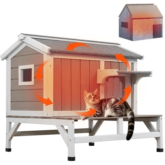 PETSCOSSET Cat House for Outdoor, Insulated Wooden Pet House with Raised Base & Openable Roof, Gray