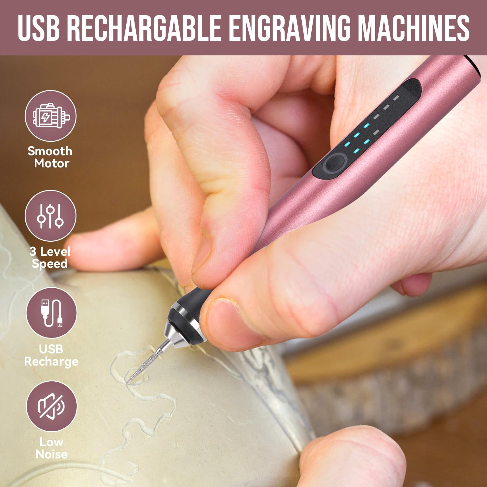 Electric Engraving Pen with 37 Bits, USB Rechargeable Cordless Engraving Machine, Portable DIY Rotary Engraver for Jewelry Wood Glass Stone Carving (Rose red)