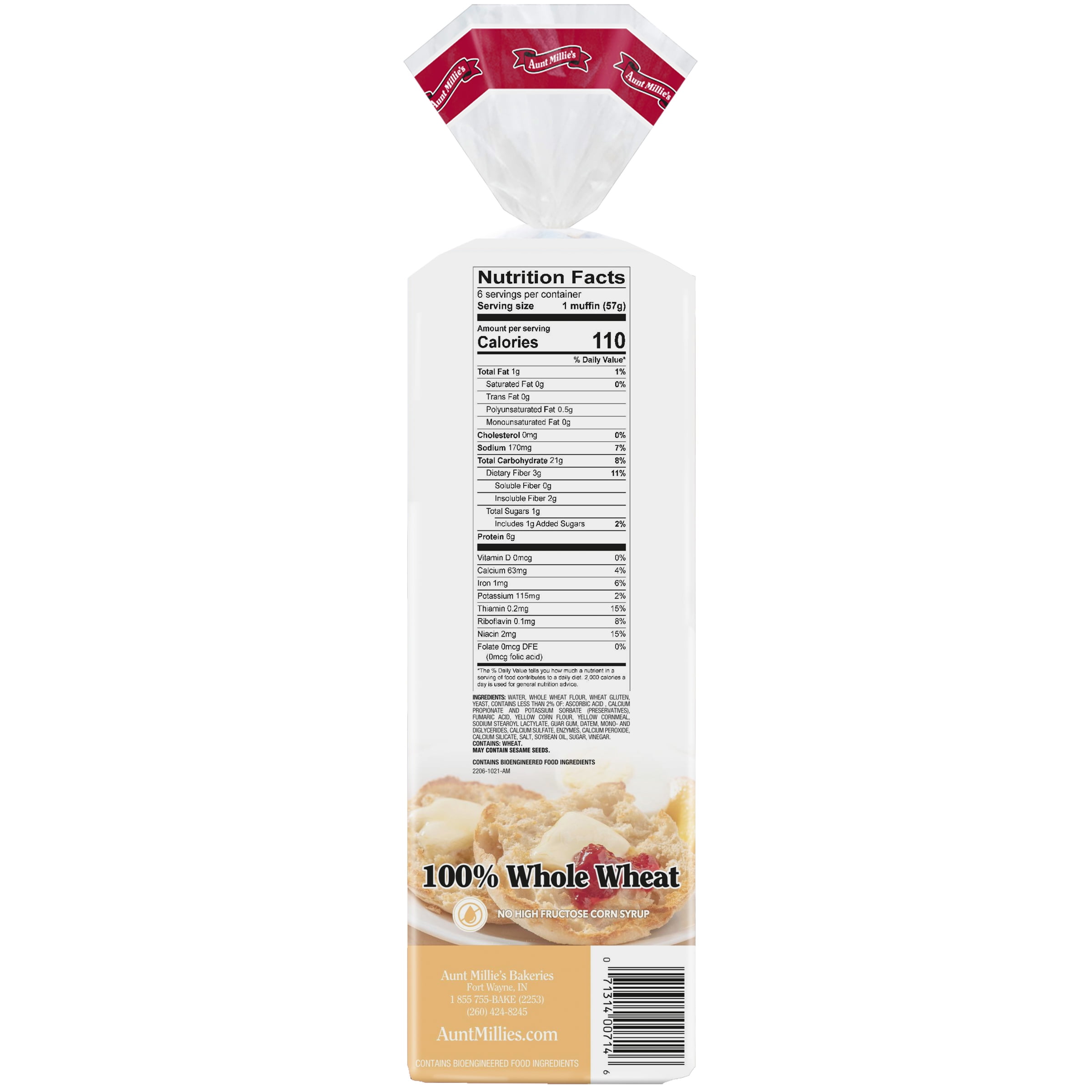 Aunt Millie's English Muffins, 100% Whole Wheat, 6 Ct., 12 oz.