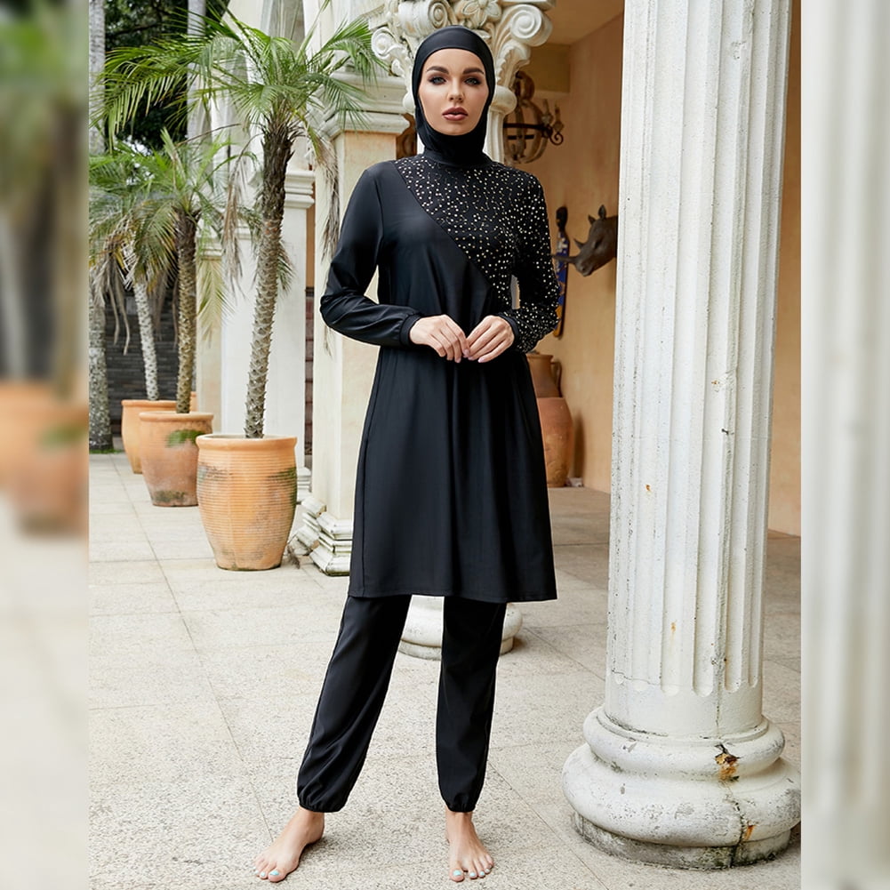 IBTOM CASTLE Muslim Swimsuits for Women Modest Islamic Arabic Swimwear Burkini Full Cover Hijab Top Pants Swimming Cap Bathing Suits S Black Dots