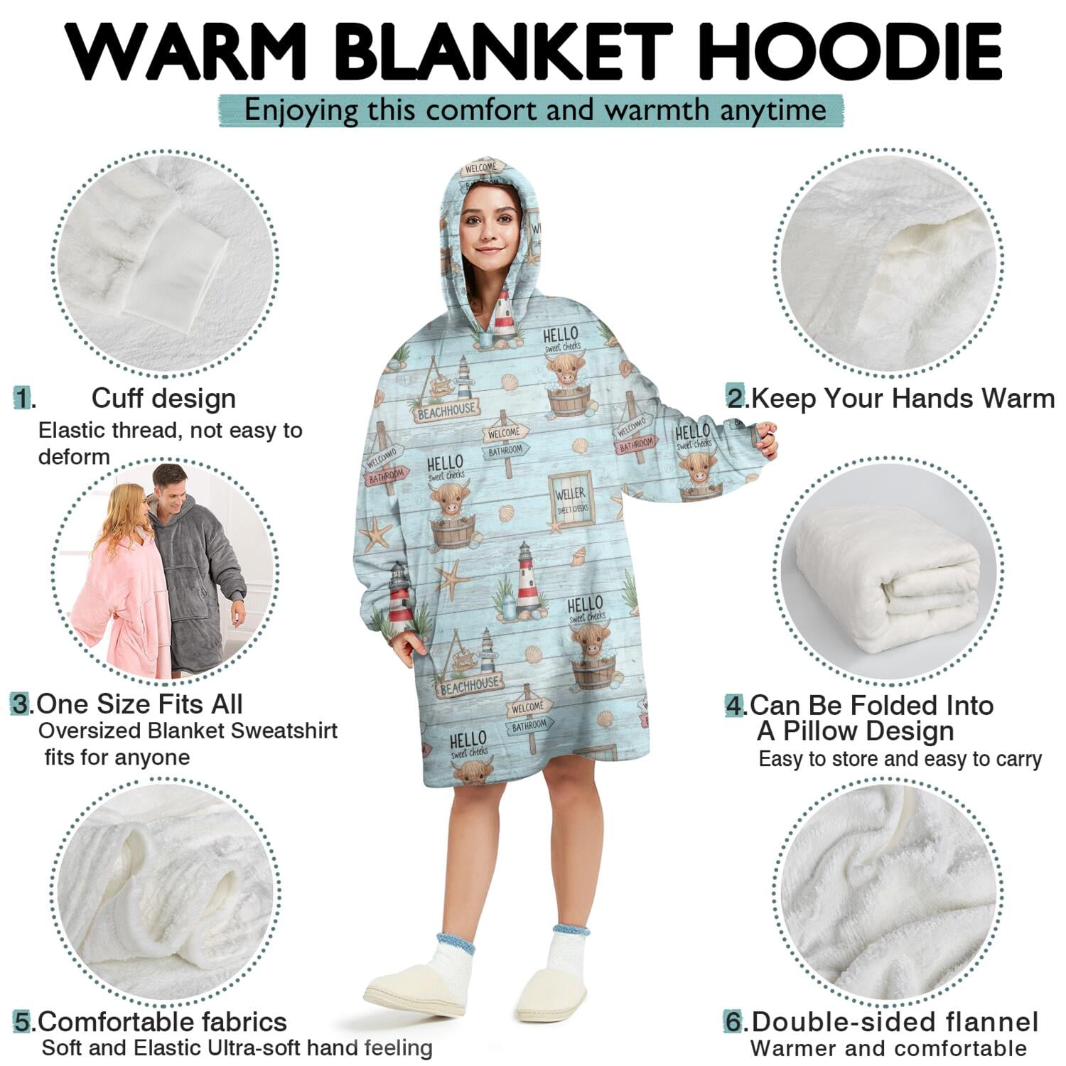 Blue Highland Cow Lighthouse Beach Pattern Wearable Oversized Blanket,Wearable Blanket Hoodie for Adults,Cozy Hooded Blankets with Super Pockets,Super Warm Fuzzy Pullover for Women & Men