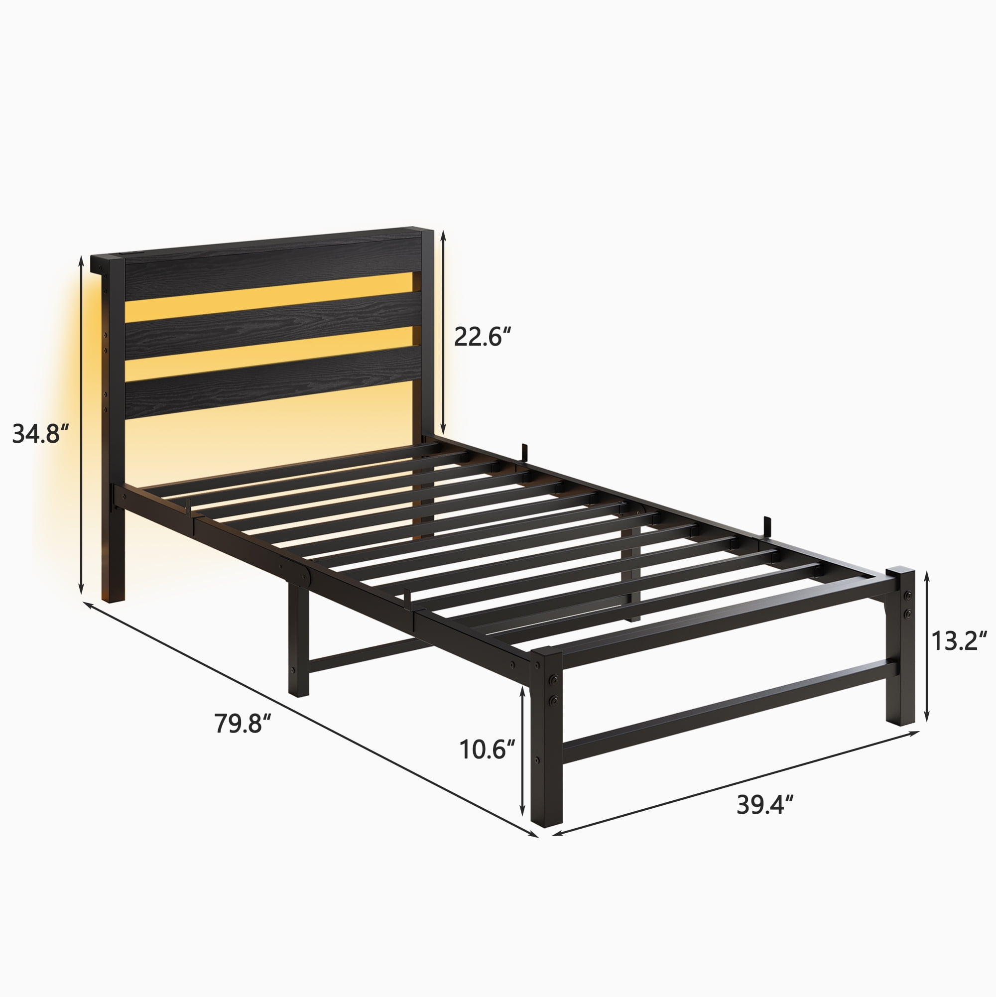 Yoneston Twin Size Bed Frame with LED Night Storage Headboard and USB Charging Station, 11" Black Duty Metal Platform Bed for Kids Childs Teens