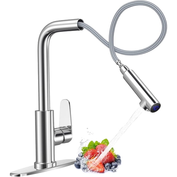 Temperature Digital Display Kitchen Faucets with Pull Down Sprayer, Stainless Steel High Arc Single Handle Pull Out Faucet with Deck Plate for Kitchen Sink, Utility Laundry Room (Brushed Nickel)