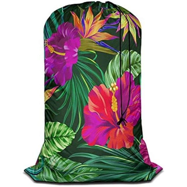 HAYANTropical Flowers Drawstring Closure Dirty Clothes Bag Organizer, Heavy Duty Large Laundry Bag, Floral Pattern Botanical Hibiscus Palm Leaf Bird Summer Rip-Stop Bags for Camp Travel