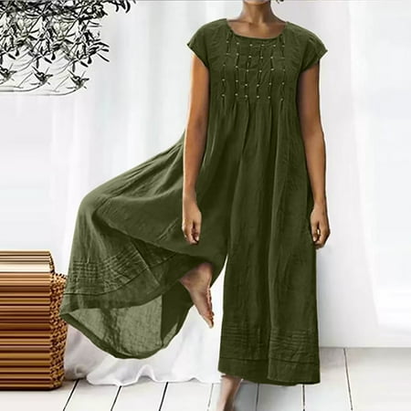

Idoravan Jumpsuit for Women Clearance Women Casual Solid Cotton Linen Romper Long Playsuit Zipper Short Sleeve Jumpsuit