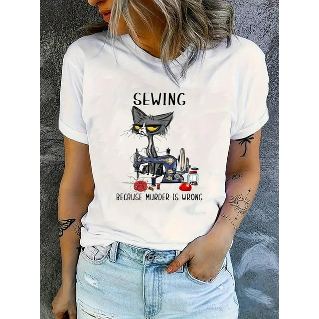 Camiseta de mujer verano Patrón de Corazón cuello redondoChic Cat Print Women's T-Shirt - Casual Crew Neck, Short Sleeve, Stretchy Polyester Blend, Machine Washable - Perfect for Summer & Casual Att