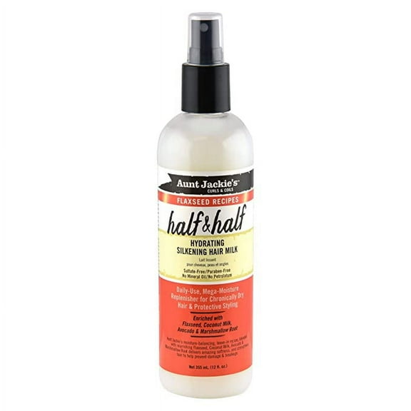 Aunt Jackie's Flaxseed Recipes Half & Half, Hydrating Silkening Hair Milk, For Daily Use, Enriched with Flaxseed, Coconet, Jojoba Oil, Shea Butter, Grapeseed and Ginseng, 12 oz.