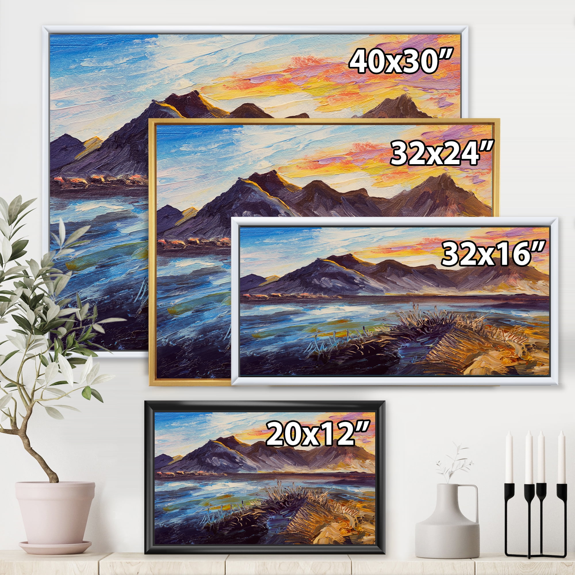 Impression Pink Sunset Over The Mountains By The Sea 32 in x 24 in Framed Painting Canvas Art Print, by Designart
