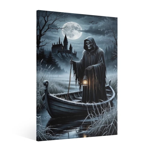 Vintage Halloween Skeleton Man Canvas Wall Art Painting, Retro Horror Creepy Dark Poster,Gothic Artwork Picture Print Decor, Spooky Ghost Wall Decor for Bar Living Room Bedroom Party Framed