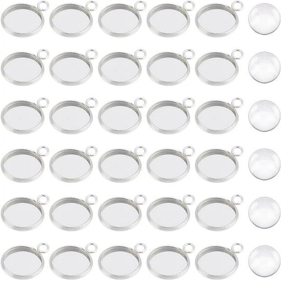60 Sets 12mm Flat Round Tray Pendants Making Kits 304 Stainless Steel Pendant Cabochon Settings and Clear Glass Cabochon