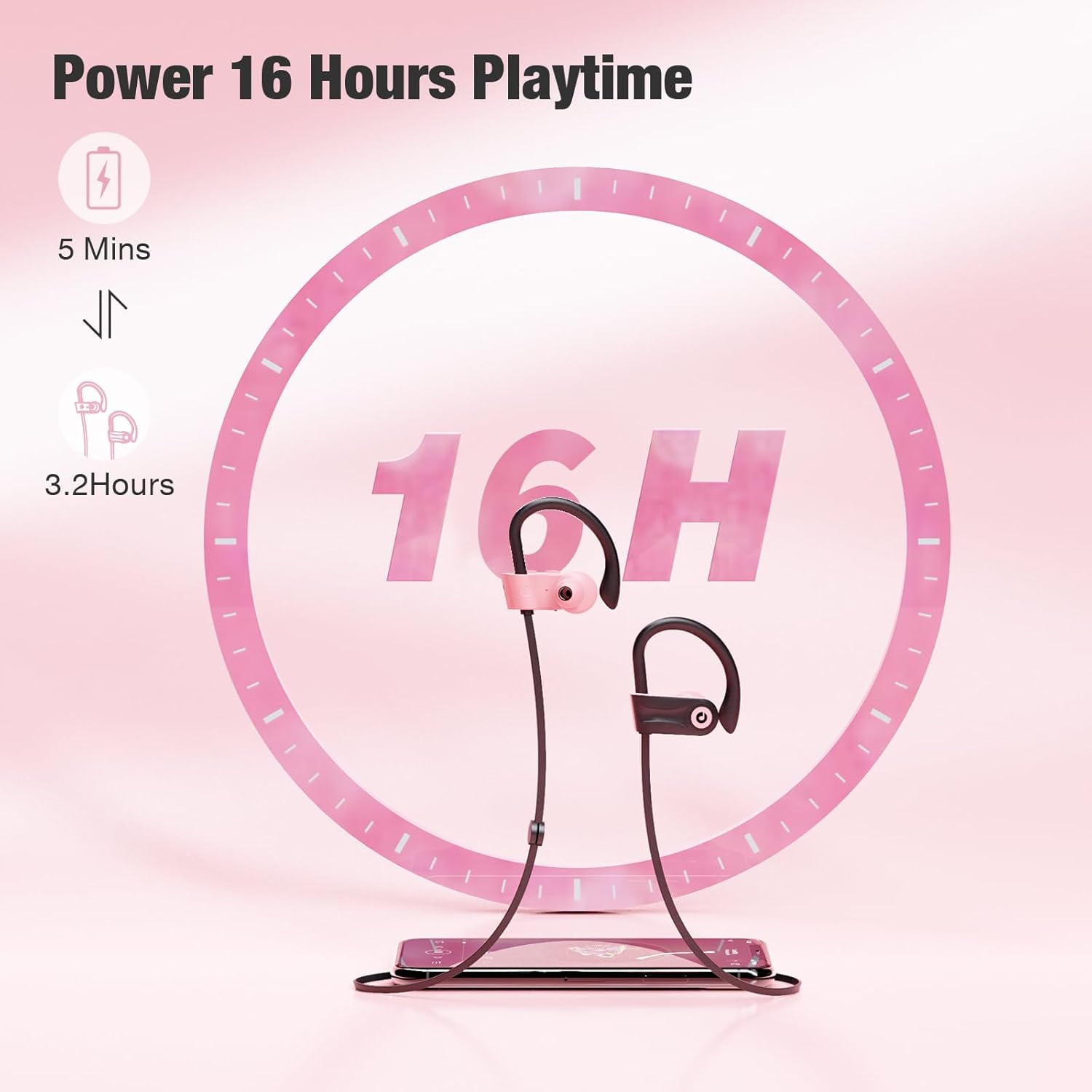 Bluetooth Headphones, Wireless Headphones with 16 Hours Playtime Bluetooth 5.3 Wireless Earbuds HD Deep Bass Stereo Sound Isolation IPX7 Waterproof Earphones for Workout Running Sports