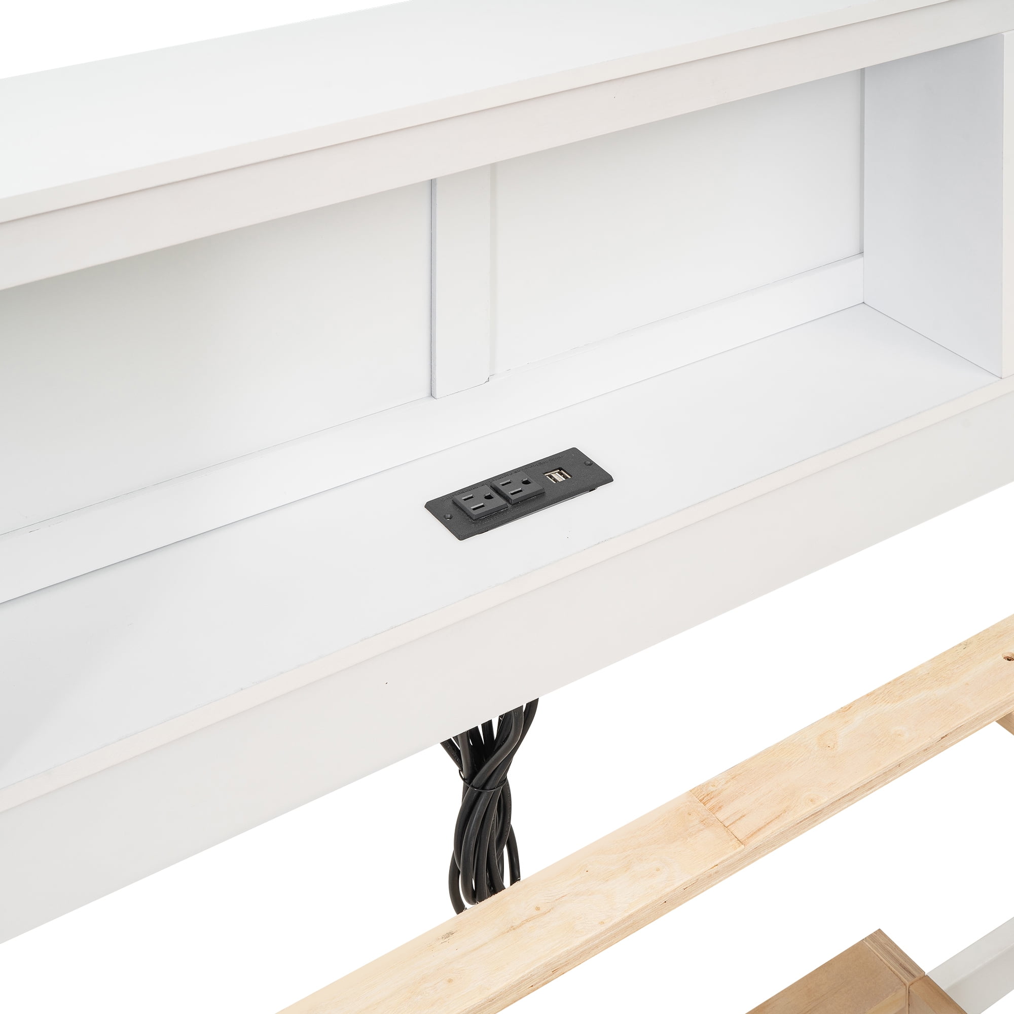 Euroco Modern Wood Full Size Platform Bed with Trundle and Drawers, USB Charging and Shelves for Kids Teens, White