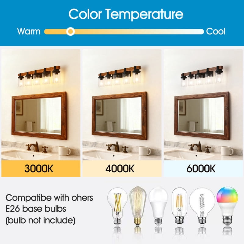TICOZE 5-Light Matte Black and Wood Wall Lamps with Glass Lamp Shades Vanity Lighting Fixtures for Bathroom Kitchen Dining Room (Bulbs Not Included)