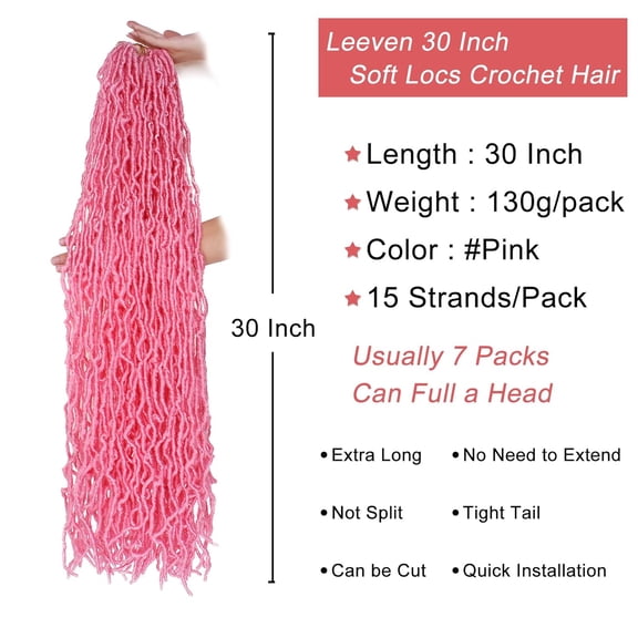 WEIF-30 Inch Pink Soft Locs Crochet Hair 15 Strands Pre Looped Distressed Faux Locs Natural Butterfly Locs Boho Goddess Locs Curly Synthetic Braids Hair for Women