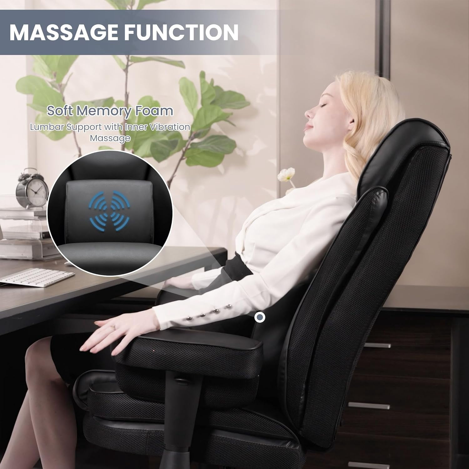 Big and Tall Office Chair, 500lbs Rocking Massage High Back Desk Chair, Ergonomic Executive Office Chair with Adjustable Padded Armrest and Lumbar Support, Adjustable Height(Dark Black)