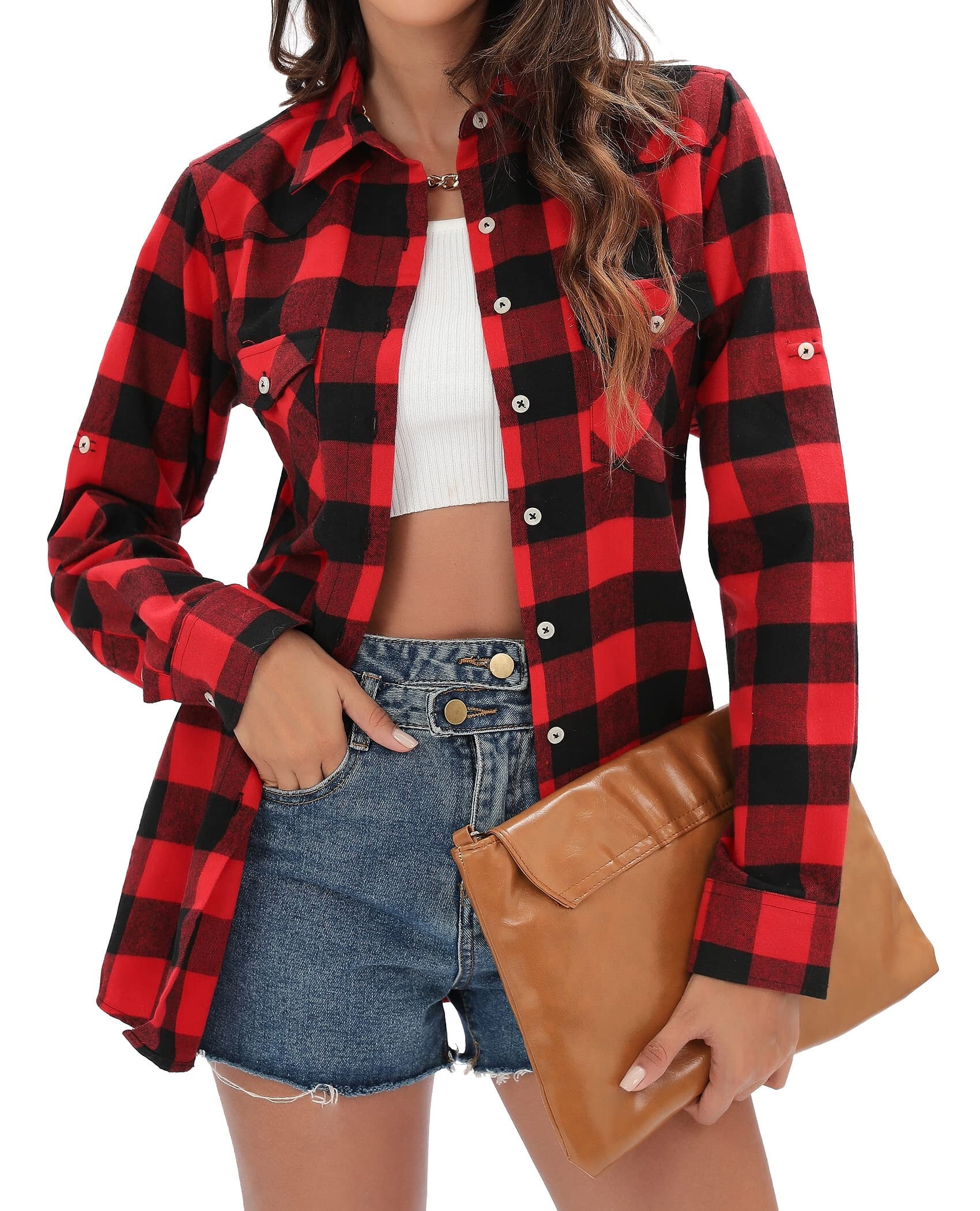 Siliteelon Women's Long Sleeve Red Plaid Flannel Shirt with Roll