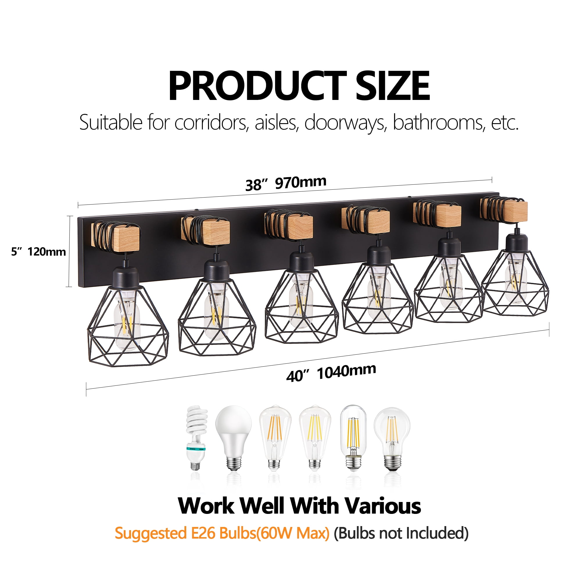 6-Light Vanity Light Fixture 38.2" with Black Metal, Modern Geometric Wooden Accents and Cage Lampshade for Bathroom, Bedroom,or Living Room