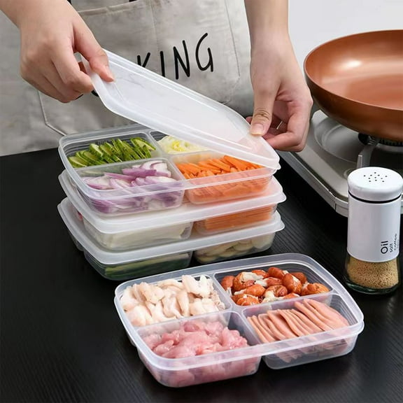 ViYW Divided Veggie Tray with Lid, Clear Plastic 4 Grids Divided Veggie Storage Box Snack Container, Portable Square Refrigerator Meat Container, Kitchen Accessories