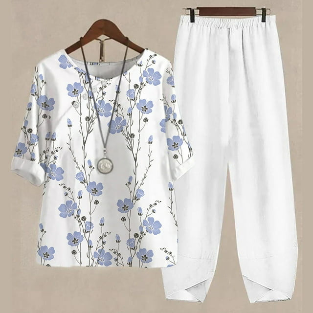 Ensembles Deux Pièces pour Femmes, Haut Décontracté à Col Rond à Manches 5/4 et Pantalon, Ensemble Deux Pièces à Impression Numérique, Ensembles Grande Taille en Liquidation