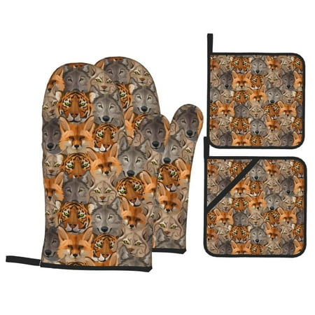 

Oven Mitts and Pot Holders 4 Piece Fox tiger Pattern High Heat Slip Resistant Oven Mitt and Trivets Set Kitchen Oven Glove Pot Holders for Cooking Baking Grilling