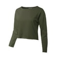 thumbnail image 2 of A2Y Women's Cropped High Low Cutoff Raw Hem Scoop Neck French Terry Sweatshirt Top Olive L, 2 of 5