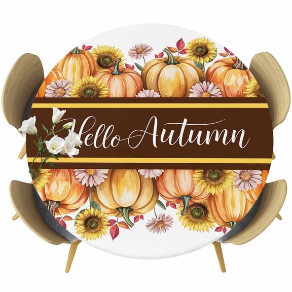 Orange Sunflower Pumpkins Round Tablecloth, Fitted Table Cover with Elastic for 45"-54" Round Tables, Pastoral Botanical Watercolor Table Cloth Outdoor Indoor Dinning Party Waterproof Tablecloths