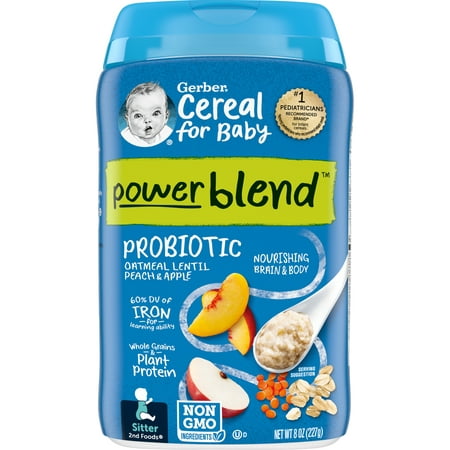 Gerber Cereal for Baby Power Blend 2nd Foods Probiotic Oatmeal Baby Cereal, Peach Apple, 8 oz Canister (6 Pack)