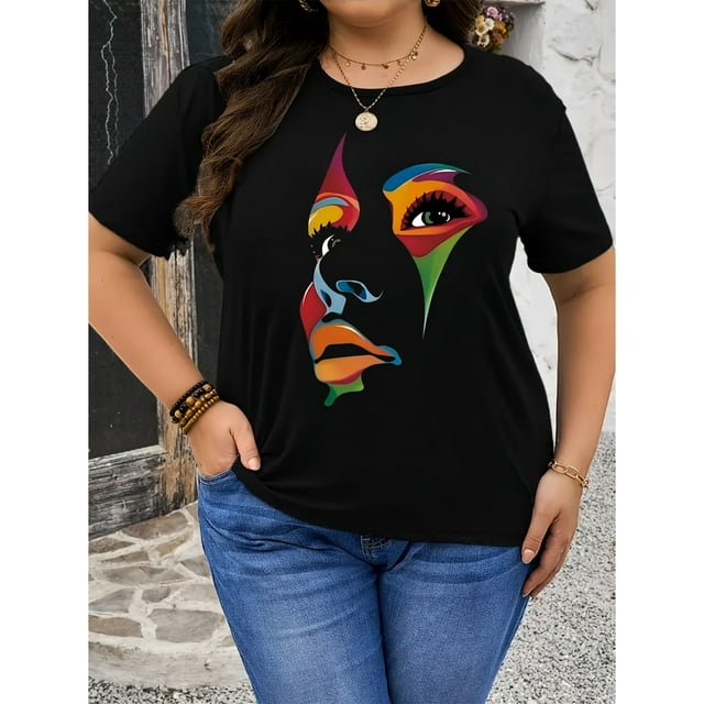 Women'S Plus Size Abstract Face Print T-Shirt, Casual Round Neck Short Sleeve Top, Cotton Stretch Fabric, Spring/Summer Fashion Tee