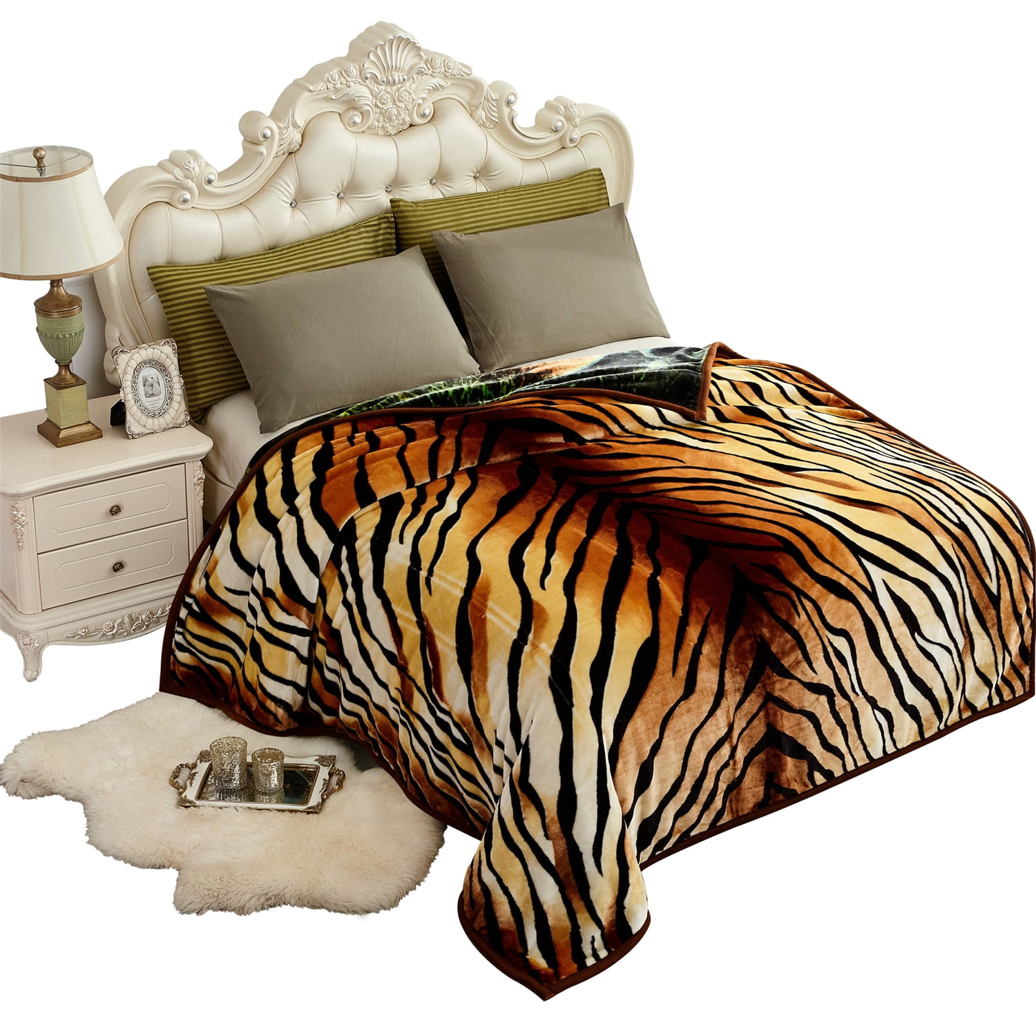 NC Plush Fleece Bed Blanket, Soft, Reversible Warm Blanket Queen 77"x87", Tiger